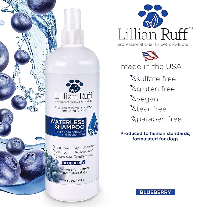 Lillian Ruff Berry Blue Brightening Face and Body Wash for Dogs - Blueberry Shampoo - Remove Tear Stains, Hydrate Dry Itchy Skin, Add Shine & Luster to Coats (Berry Blue Shampoo & Waterless Set)