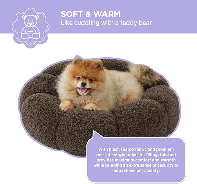 Lesure Calming Small Dog Bed - Flower Donut Round Fluffy Puppy Bed in Plush Teddy Sherpa, Non-Slip Cute Flower Cat Beds for Indoor Cats, Small Pet Bed Fits up to 25 lbs, Machine Washable, Espresso 23"