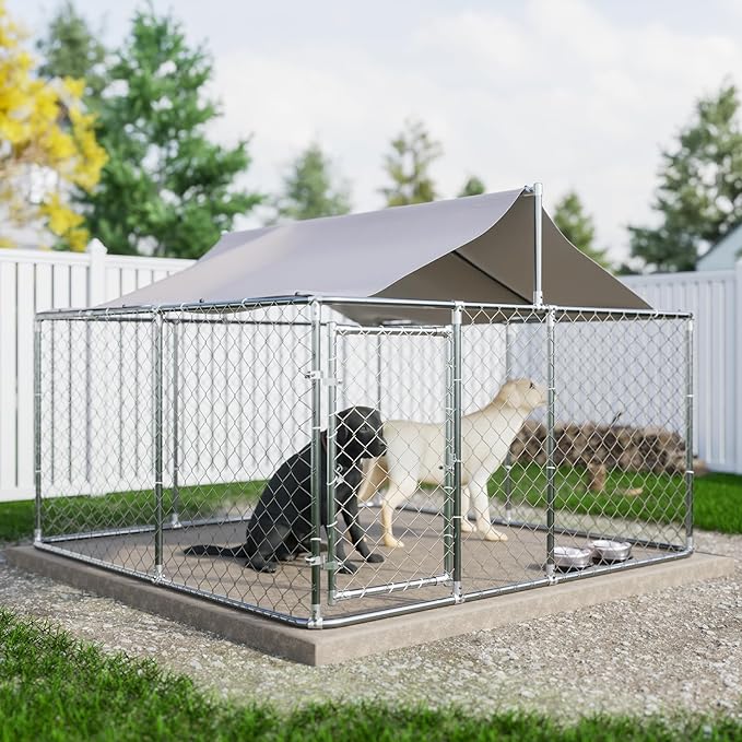 Dog Kennel Outdoor Dog House, Large Heavy Duty Dog Cage w/Waterproof Cover, Galvanized Steel Dog Fence House w/Secure Lock, Anti Rust Dog Enclosure Playpen for Backyard,90 x 90 x 65 in