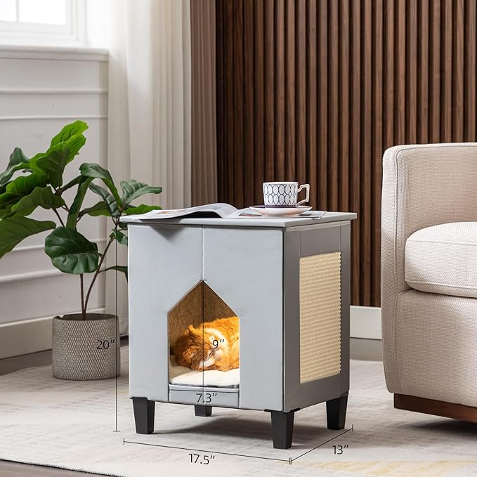 Cat House for Indoor Cats Condo,Cat Furniture with Large Area Cat Scratch Pad Cat Hideaway Cave,Leather Cat Bed Side Table & Nightstand for Living Room and Bedroom Decoration,Grey