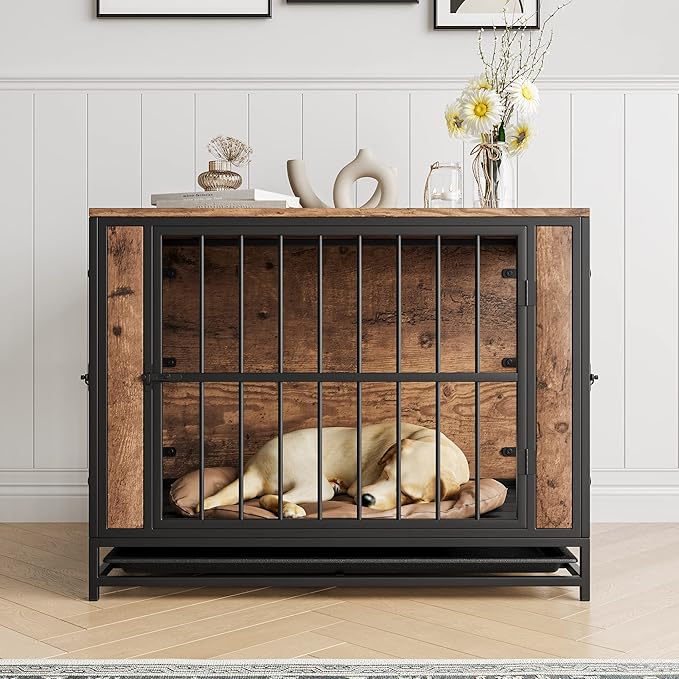 Dog Crate Furniture, Metal and Wooden Dog Crate, Dog Kennels with 3 Doors Indoor, Pet Puppy Crate End Table for Small/Medium/Large Dog, Heavy Duty Dog House, Rustic Black and Brown