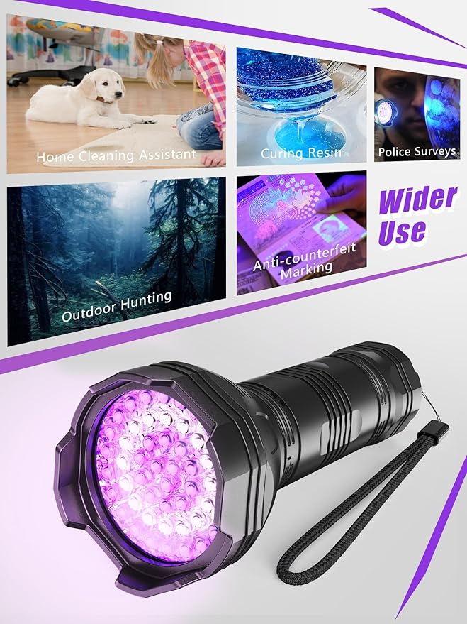 UV Blacklight Flashlights Rechargeable 365nm + 395nm 51 LEDs, Black Light for Pet Urine Detection Cat Dogs, Ultraviolet Flashlight for Resin Scorpion Bed Bugs Handheld Black Light Battery Built-in