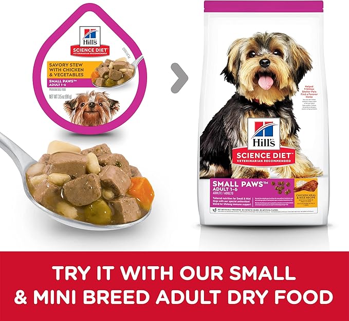 Hill's Science Diet Small & Mini, Adult 1-6, Small & Mini Breeds Premium Nutrition, Wet Dog Food, Chicken & Vegetables Stew, 3.5 oz Tray, Case of 12