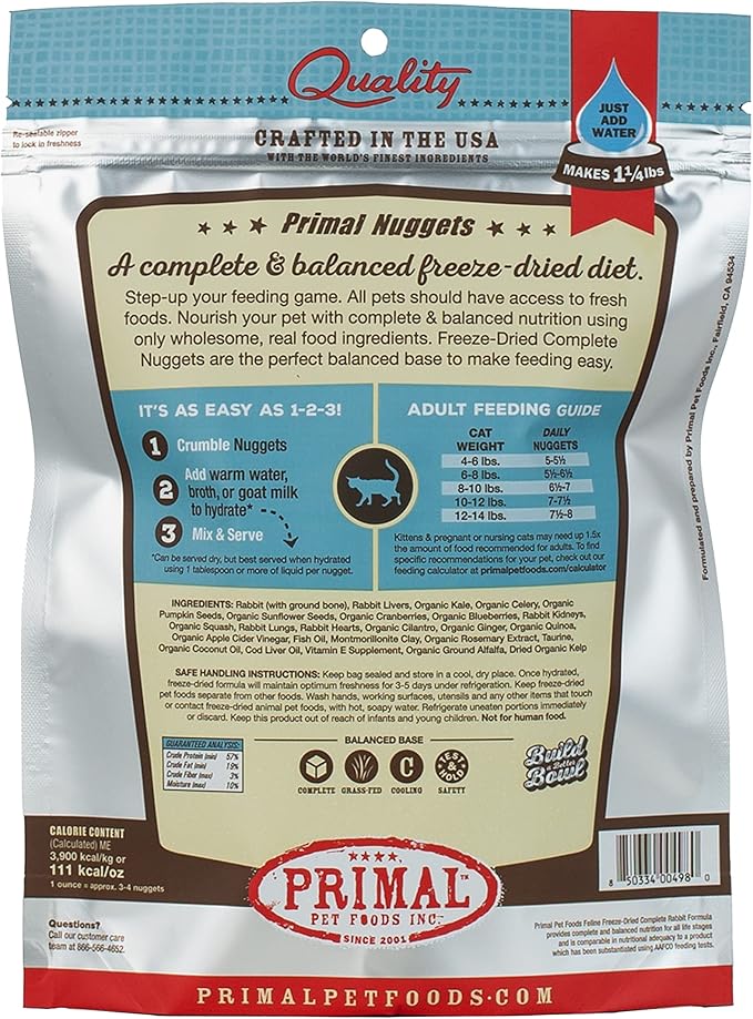 Primal Freeze Dried Cat Food Nuggets Rabbit; Complete & Balanced Meal or Topper; Premium, Healthy, Grain Free, High Protein Raw Cat Food with Probiotics (5.5 oz)