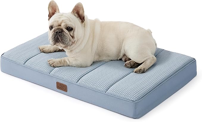 Bedsure Cooling Gel Foam Dog Bed for Large Dogs, Waterproof Orthopedic Egg Foam Dog Bed for Outdoor, Summer Comfort Pet Mats for Crate with Washable Cover(24"x16", Blue)