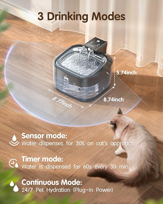 Wireless Cat Water Fountain Stainless Steel, 108oz/3.2L Cat Water Fountain Battery Operated with 3 Modes, 5000mAh Battery, Ultra Quiet Motion Sensor Pet Water Fountain for Cats with 3 Filters