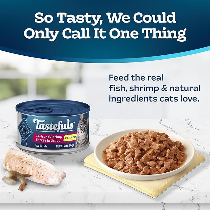 Blue Buffalo Tastefuls Flaked Wet Cat Food, Made with Natural Ingredients | Fish & Shrimp, 3-oz. Cans (24 Count)