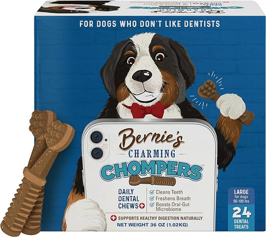 Bernie's Charming Chompers - Daily Dental Chews for Dogs 50-100 Lbs. - 24 Count - Cleans Teeth, Freshens Breath, Boosts Oral-Gut Microbiome. Easy to Digest, Supports Healthy Digestion Naturally