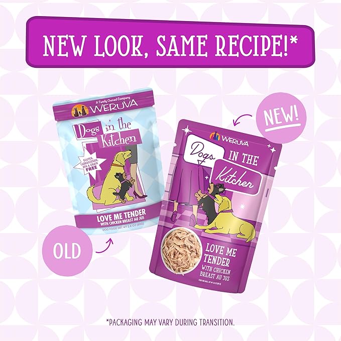Weruva Dogs in The Kitchen, Love Me Tender with Chicken Breast Au Jus Dog Food, 2.8oz Pouch (Pack of 12), Purple