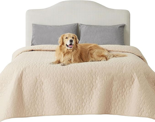 Bedsure 100% Waterproof Bed Cover for Dogs Washable - Non Slip Waterproof Dog Blanket for Bed, Lightweight Furniture Protector Durable for Pet Cat Puppy with Non-slip Bottom, Beige, 82x102IN