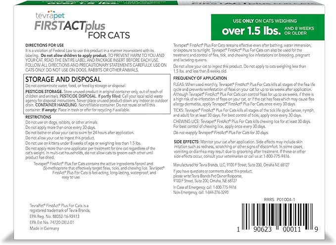 TevraPet FirstAct Plus Flea and Tick Topical for Cats over 1.5lbs, 3 Dose Waterproof Flea and Tick Control/Prevention for 3 Months