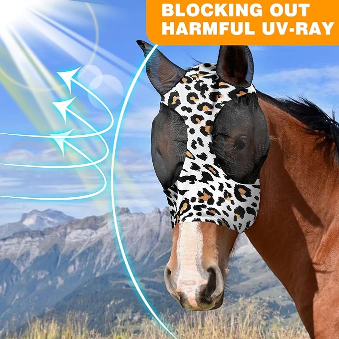 Horse Fly Mask, Softer Stretchy Fly Masks for Horses, Comfortable and Breathable Horse Fly Masks with Ears, Shade and Cooling to Protect The Horse's face from Disturbance, Leopard L