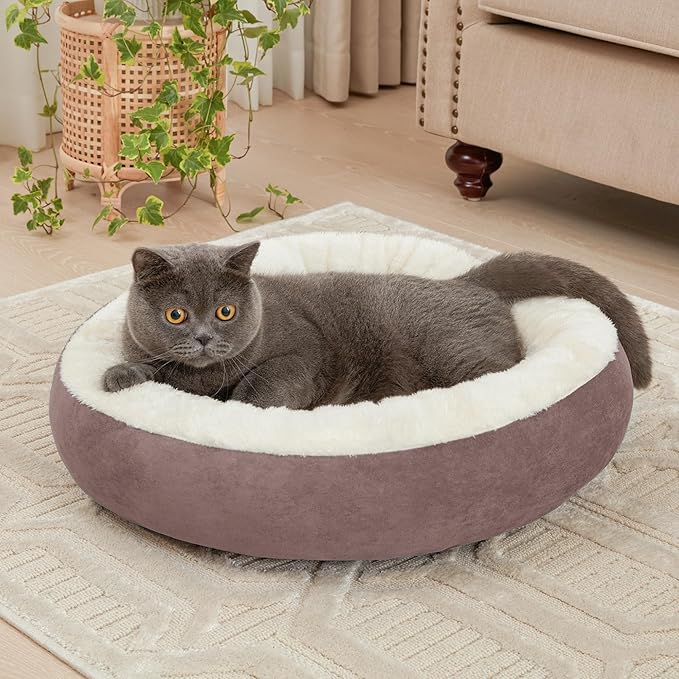 Love's cabin Round Donut Cat and Dog Cushion Bed, 20in Pet Bed for Cats or Small Dogs, Anti-Slip & Water-Resistant Bottom, Super Soft Durable Fabric Pet beds, Washable Luxury Cat & Dog Bed Burlwood