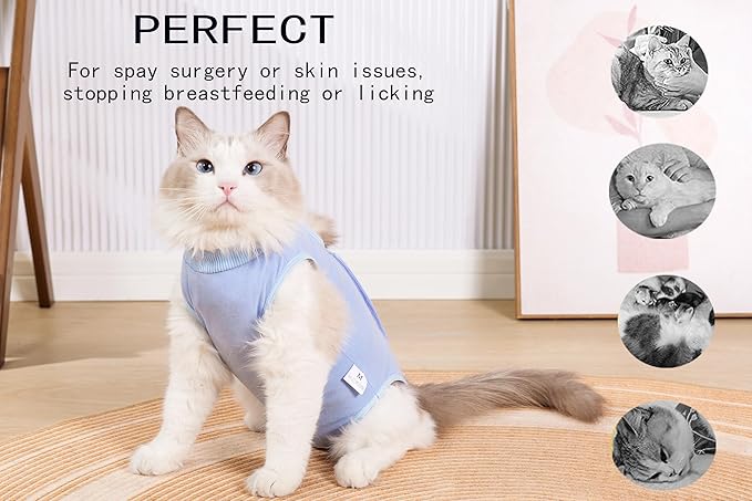 Cat Surgery Recovery Suit Female Kitten Cat Onesie for Cats After Surgery Spay Surgical Abdominal Wound Skin Diseases Cone Collar Soft Alternative Wear (Blue, M)