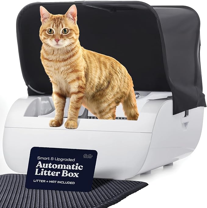 Smart Automatic Cat Litter Box Self Cleaning Cat Litterbox with Built in Odor Eliminator - Works with Clumping Cat Litter (No Expensive Refills) Hood & Litter Mat -10Lb Litter Included