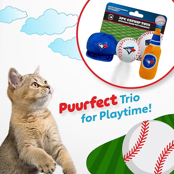 BEST PLUSH CAT TOY - MLB TORONTO BLUE JAYS Complete Set of 3 piece Cat Toys filled with Fresh Catnip. Incld: 1 Baseball Cap Cat Toy, 1 Baseball Cat Toy with Feathers & 1 Beer Bottle. Team LOGOS