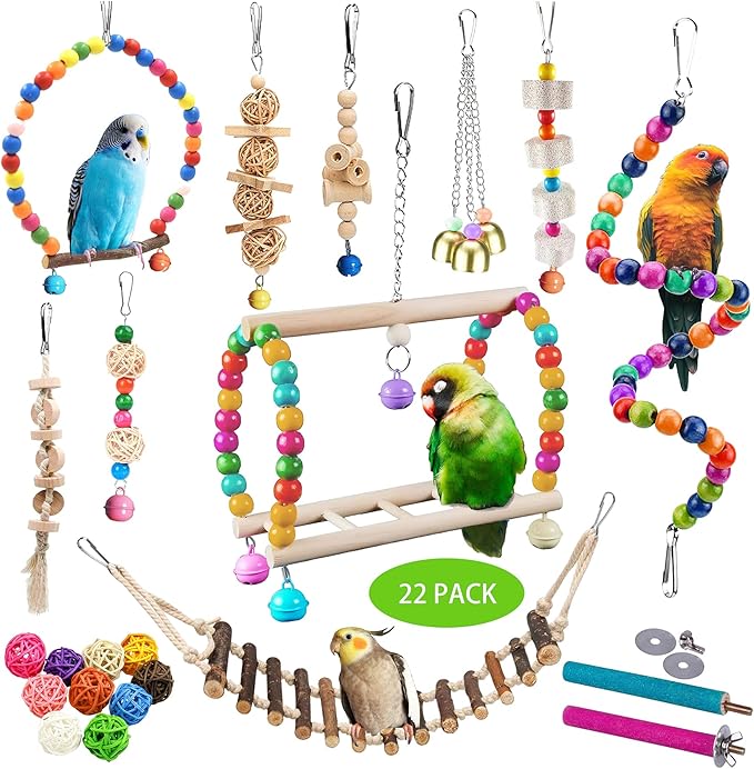 22 Packs Bird Parakeet Cockatiel Toys,Parrot Swing Chewing Hanging Toy with Safe Bells,Bird cage Colorful Climbing Standing Rope Natural Wood Ladder Bungee Toys