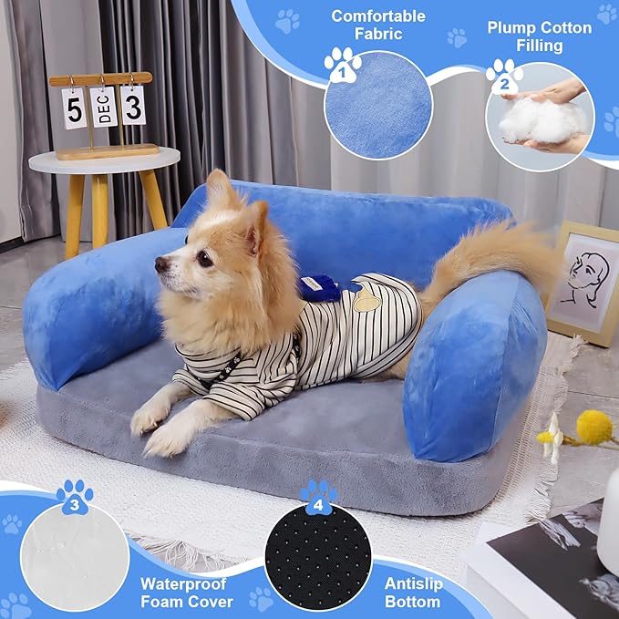 Dog Bed Couch for Small Medium Dogs, Orthopedic Pet Sofa with Reversible Memory Foam & Washable Fabric Cover, Soft Dog Sofa Bed for Indoor Puppies, Kitten, Cats Lounge Sleeping - Gray & Blue