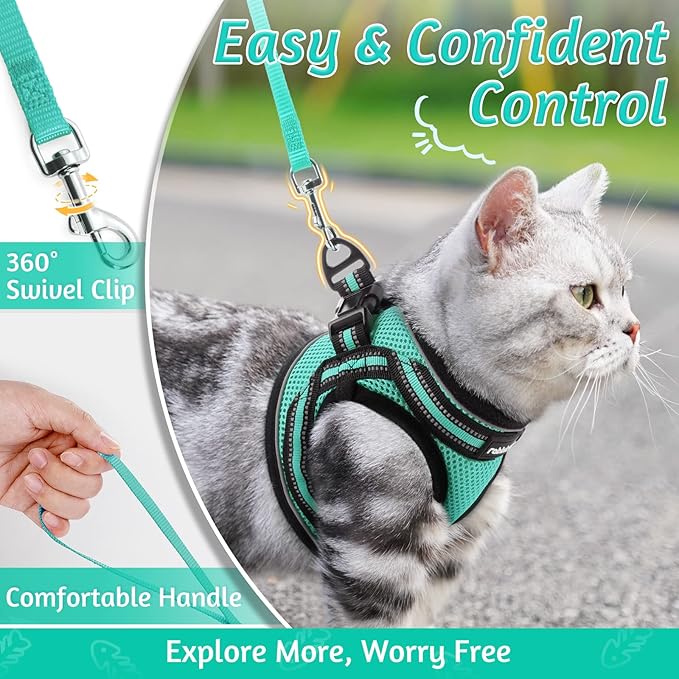 rabbitgoo Cat Harness and Leash Set for Walking Escape Proof, Adjustable Soft Kittens Vest with Reflective Strip for Cats, Comfortable Outdoor Vest,Green,M