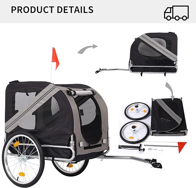 Bike Dog Trailer Folding Cart Frame with 3 Entrances Safety Flag 8 Reflectors, 20" Rear Wheels, Quick Conversion Bicycle Carrier for Medium Small Pets