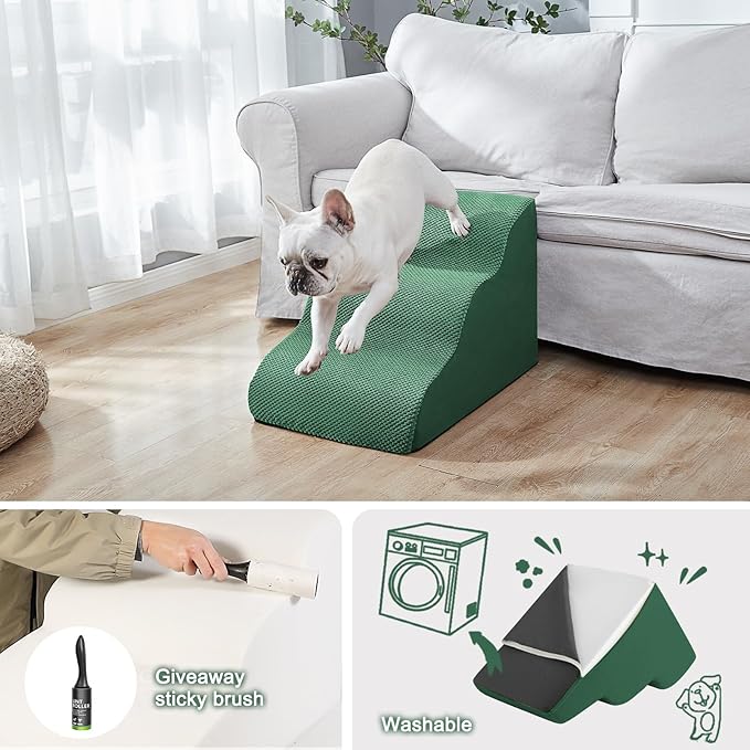 Ryoizen Dog Stairs for Small Dog for Bed Or Couch, Sturdy Dog Steps with High Density Foam, Extra-Wide 3-Step Pet Ladder Non-Slip Waterproof Ramp for Cat Pet, Gifts Lint Roller for Dogs, Green