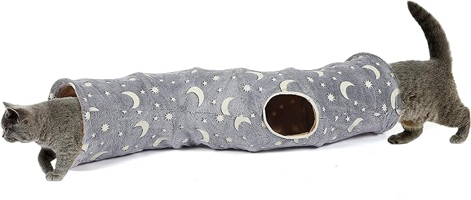 LUCKITTY Cat Tunnel Tube with Plush Ball Toys Collapsible Self-Luminous Photoluminescence, for Small Pets Bunny Rabbits, Kittens, Ferrets,Puppy and Dogs Grey Moon Star (S-Shape)