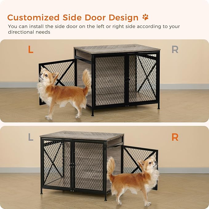 DWANTON Dog Crate Furniture, 25" L Three-Door Wooden Dog Kennel Indoor, Connectable expansion, Wooden Dog Crate Table for Small/Medium/Large Dog, Dog House, Dog Cage Large, Greige