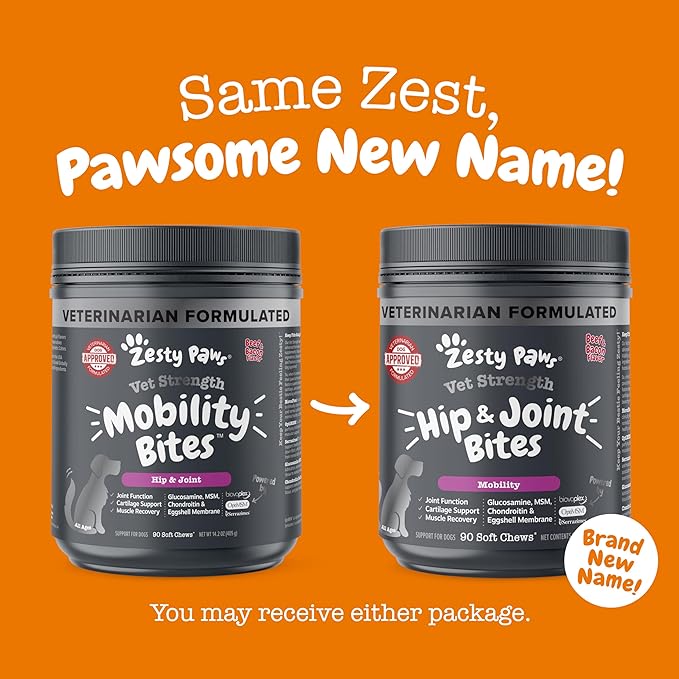 Zesty Paws Vet Strength Mobility Bites Beef & Bacon Flavor Hip & Joint Support Chews for Dogs with Glucosamine, Chondroitin, MSM, Hyaluronic Acid & Serrazimes - 90 Count