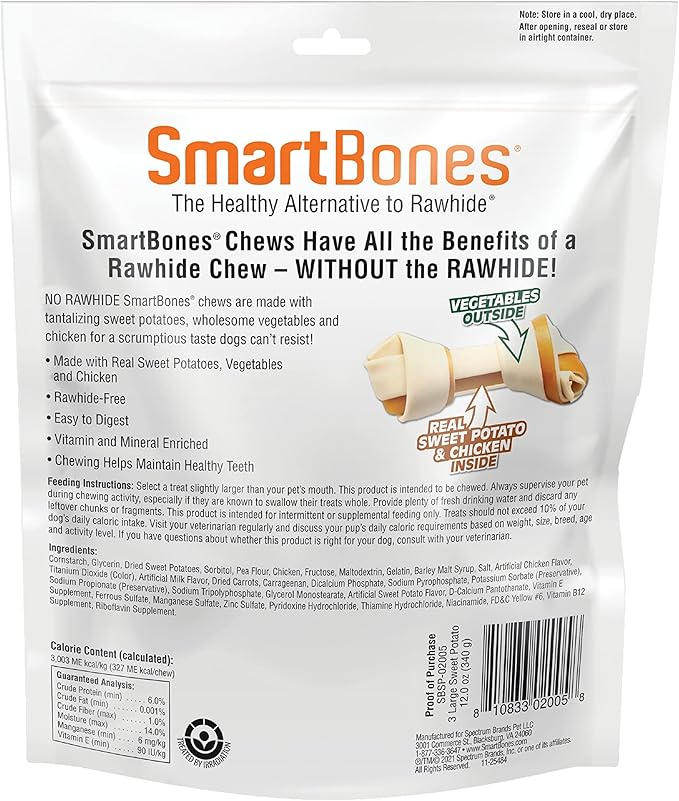 SmartBones Large Chews, Treat Your Dog to a Rawhide-Free Chew Made With Real Meat and Vegetables 3 Count (Pack of 24)