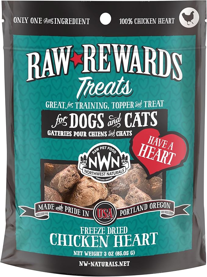 Northwest Naturals Raw Rewards Freeze-Dried Chicken Heart Treats for Dogs and Cats - Bite-Sized Pieces - Healthy, 1 Ingredient, Human Grade Pet Food, Natural - 10 Oz (Pack of 3) (Packaging May Vary)