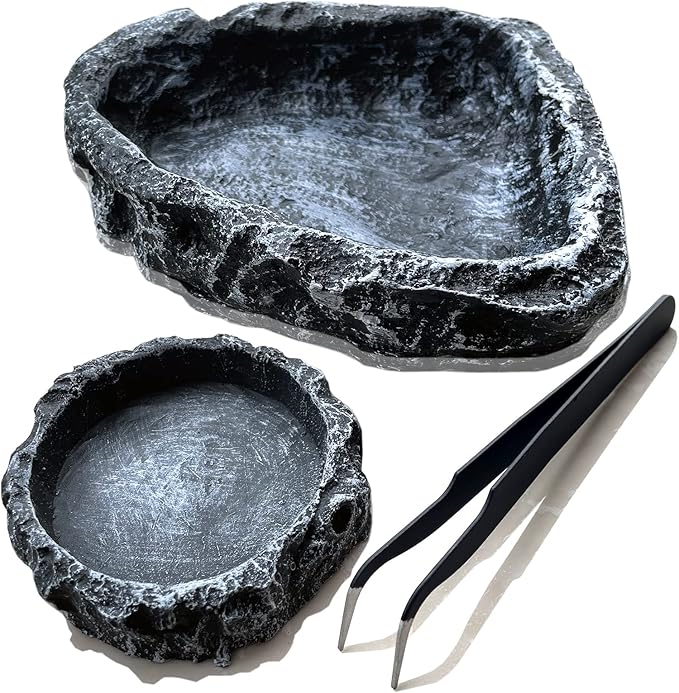 Reptile Feeding Dish Water Bowls 2 Pack Food Dish Water Dish Reptile Dish with Breadworm Feeding for Dragon Leopard Gecko Lizard Spider Scorpion Chameleon ((Round + Corner) Bowl+Tongs)