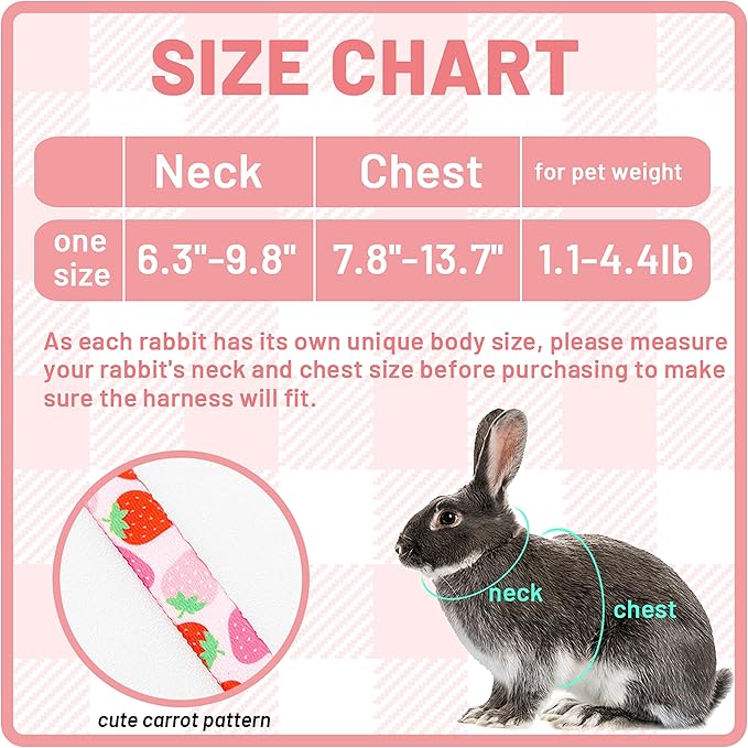Rabbit Harness and Leash - Adjustable Bunny Harness Escape Proof for Walking Runnig Hiking Camping Outdoor - Pink Strawberry Pattern Cute Small Animal Harness Leash Set
