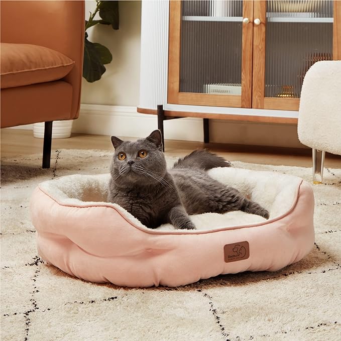 Bedsure Dog Beds for Small Dogs - Round Cat Beds for Indoor Cats, Washable Pet Bed for Puppy and Kitten with Slip-Resistant Bottom, 25 Inches, Peach Pink