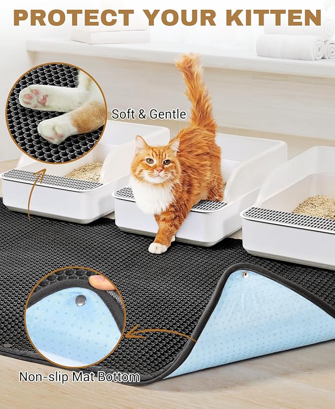 Fostanfly Cat Litter Mat, 45"x 27" Kitty Litter Trapping Mat, Extra Large XL Honeycomb Scatter Control Litter Mat, Urine & Waterproof Litter Box Mat, Easy Clean Machine Washable, Black