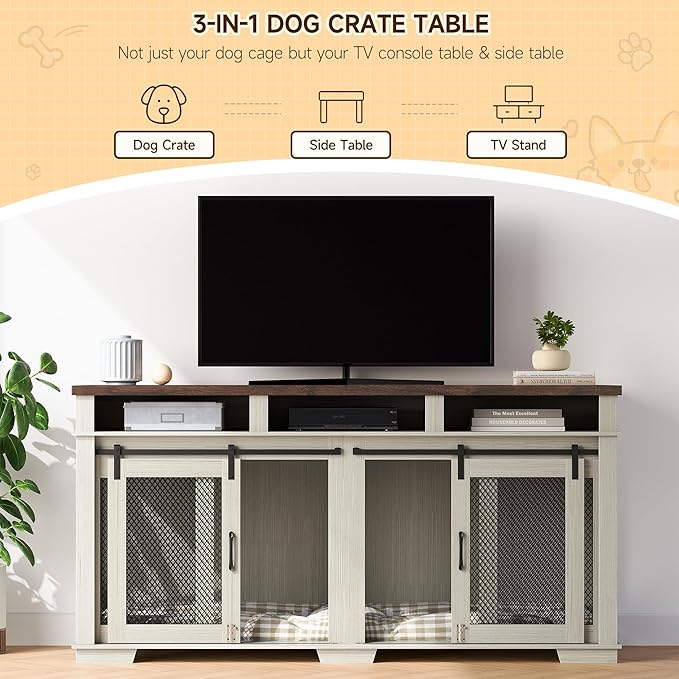 Dog Crate Furniture, 71" Heavy Duty Indoor Dog Kennel Furniture with 3 Storage Cubby for 2 Dogs, Versatile Dog House with Removable Divider for Large Dog, White/Dark Walnut