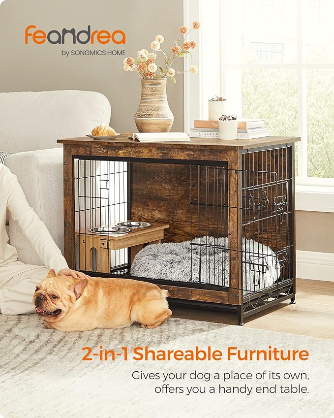 Feandrea Dog Crate Furniture, Side End Table, Modern Kennel for Dogs Indoor up to 45 lb, Heavy-Duty Dog Cage with Multi-Purpose Removable Tray, Double-Door Dog House, Rustic Brown UPFC002X01