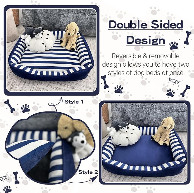 Dog Bed Medium Size Dog, Large Dog Beds with Orthopedic Memory Foam Dog Beds, Pet Beds for Large Dogs, Dog Bed with Removable Washable Cover, Blue & White Color, M, 35" L X 27" W X 6" Th