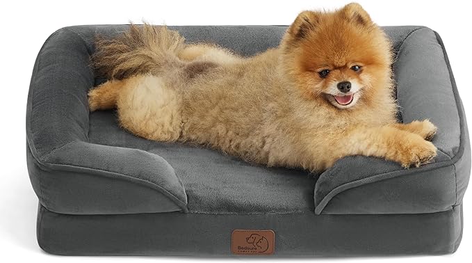 Bedsure Small Orthopedic Dog Bed - Washable Bolster Dog Sofa Beds for Small Dogs, Supportive Foam Pet Couch Bed with Removable Washable Cover, Waterproof Lining and Nonskid Bottom Couch, Dark Grey