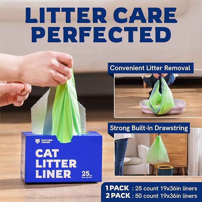 Panther Armor Jumbo Cat Litter Box Liners with Drawstring, 25 count, Extra Large Elastic Liners, Unscented Cat Litter Liners to Keep Your Home Clean, Kitty Litter Bags, Cat Waste Bags, Pet Supplies