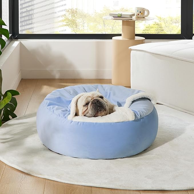 Lesure Medium Dog Bed with Cover Cave - Covered Round Dog Bed for Small and Medium Dogs, Machine Washable Burrow Pet Bed with Hooded Blanket, Cuddler Cozy Cave Dog Bed with Anti-Slip Bottom, Blue 26"