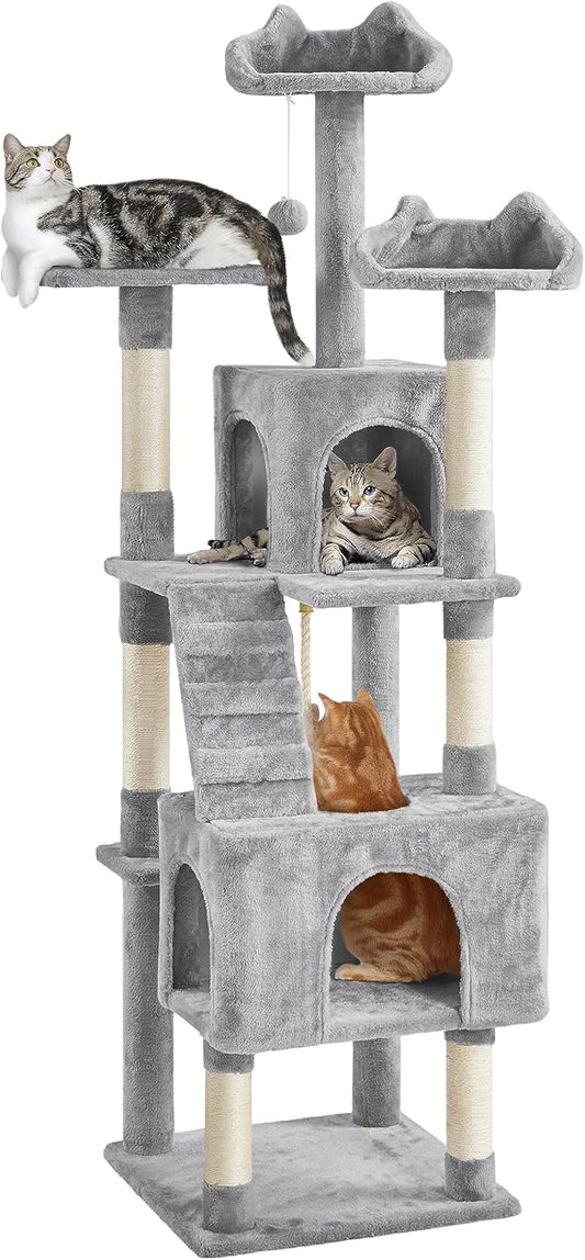 Yaheetech XL Cat Tree, 72in Multi-Level Cat Tower with 2 Cozy Caves, 3 Soft Perches, Scratching Posts, Board, and Dangling Ball, Cat Furniture Cat Play House Kittens, Light Gray