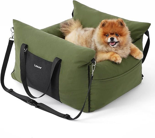 Lesure Small Dog Car Seat for Small Dogs - Waterproof Dog Booster Seat for Car with Storage Pockets and Clip-On Safety Leash and Thickened Memory Foam Filling, Pet Travel Carrier Bed Cypress Green