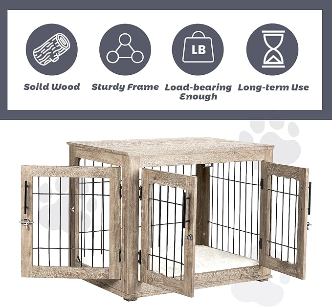 Dog Crate Furniture with Bed, Wooden Dog Kennel Furniture End Table Dog Crate with 3 Doors, Indoor Solid Wood Dog Cage