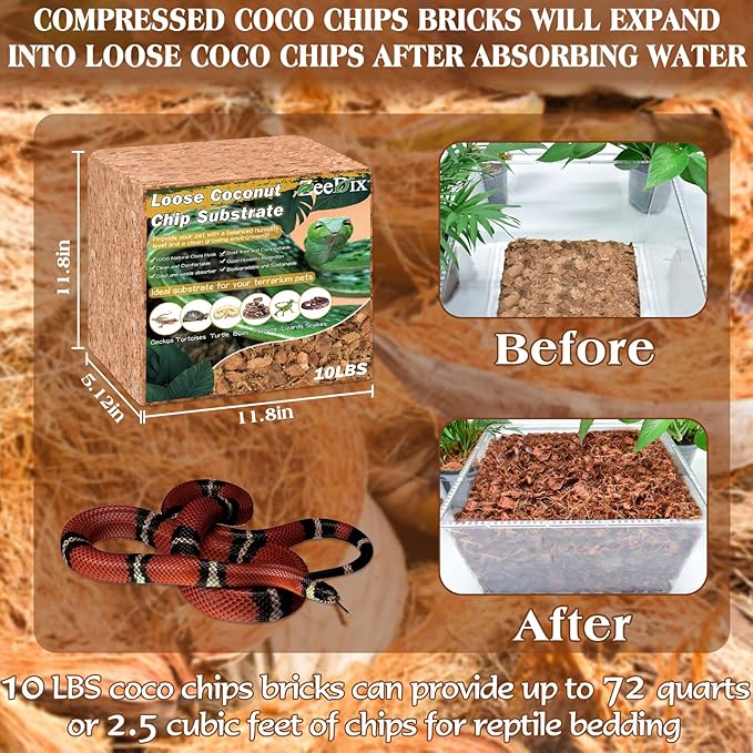 ZeeDix 10LB Coco Fiber Chips Substrate for Reptiles, 72 Quart Coconut Fiber Husk Substrate Mulch Coco Chips Bricks Reptiles Bedding for Geckos, Lizards, Tortoises, Ball Python, Frogs