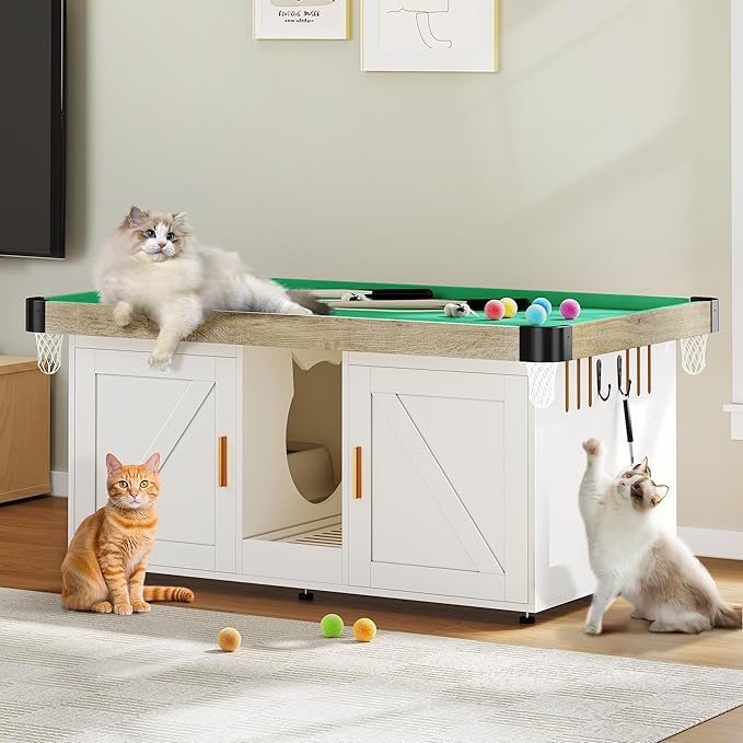 DWVO Cat Litter Box Enclosure for 2 Cats, Litter Box Enclosure Furniture Hidden with Double Room, 2-in-1 Wooden Cat Cabinet with Mini Pool Table Tower, 2 Feather Teaser Sticks & 8 Felt Balls, White