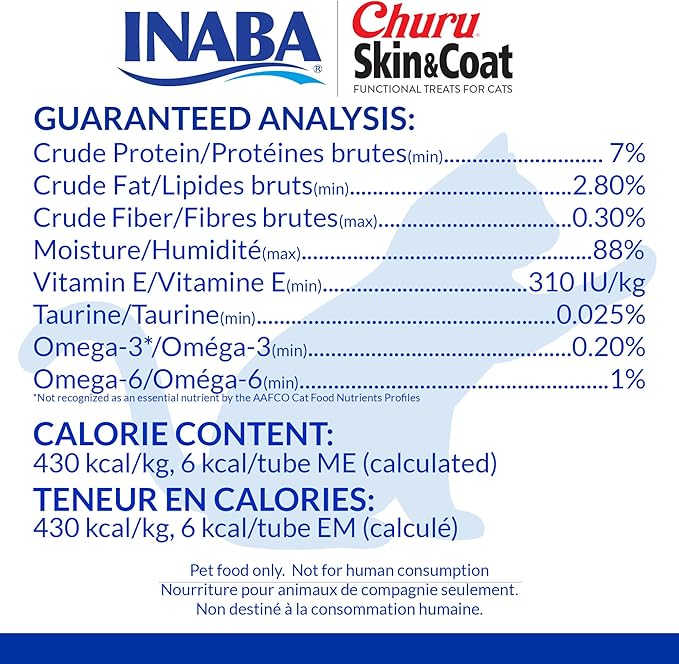 INABA Churu Lickable Purée Natural Cat Treats for Skin and Coat with Omega Oils, Taurine and Vitamin E, 0.5 Ounces Each, 24 Tubes (Four Per Package), Chicken Recipe