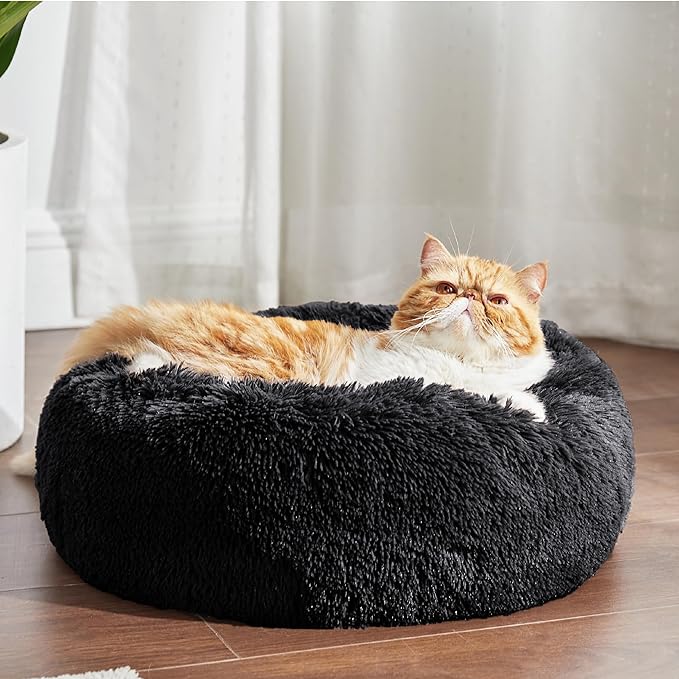 Bedsure Calming Cat Beds for Indoor Cats - Small Cat Bed Washable 20 inches, Anti-Slip Round Fluffy Plush Faux Fur Pet Bed, Fits up to 15 lbs Pets, Black