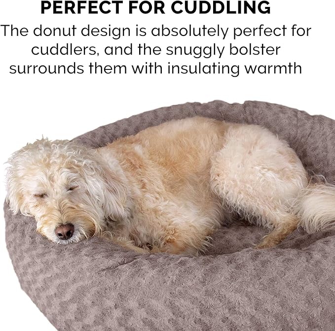 Furhaven 40" Round Donut Dog Bed for Large/Medium Dogs, Refillable w/ Removable Washable Cover, For Dogs Up to 75 lbs - Curly Faux Fur Donut Bed - Cocoa Dust, Large
