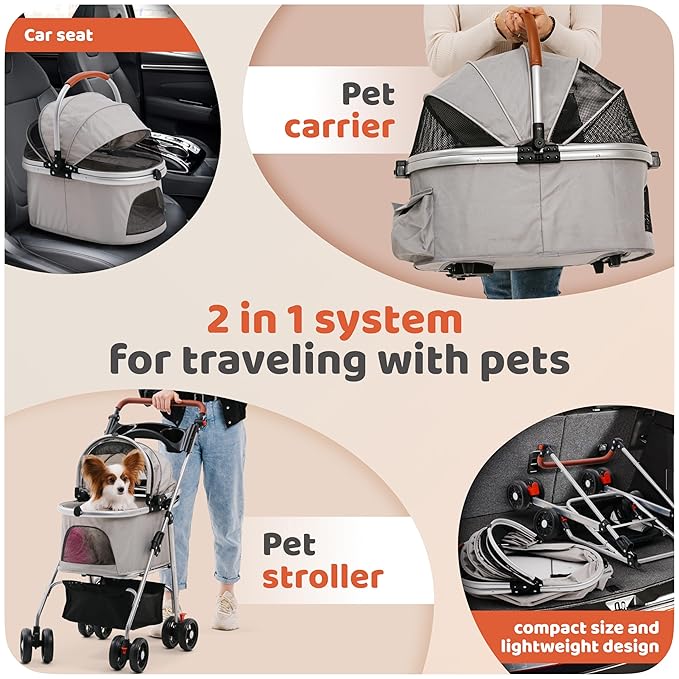 Dog Stroller, Pet Stroller, Cat Stroller – Zipperless Entry, Easy Fold with Removable Liner, Storage Basket + Cup Holder (Gray)