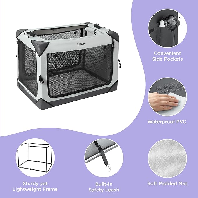 Lesure Collapsible Dog Crate - Portable Dog Travel Crate Kennel for Small Dog, 4-Door Pet Crate with Durable Mesh Windows, Indoor & Outdoor (Light Gray)